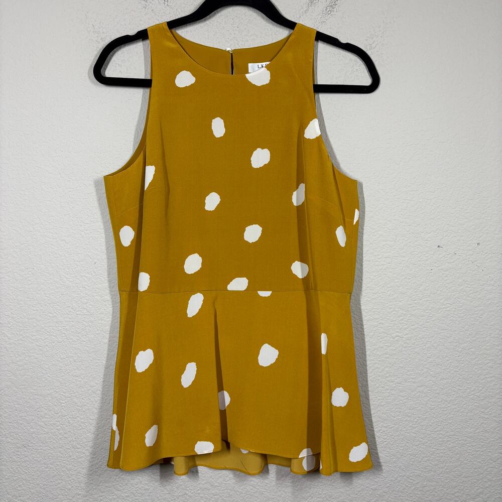 LK Bennett London Size 6 Peplum Blouse Mustard Yellow Silk Polka Dot Sleeveless